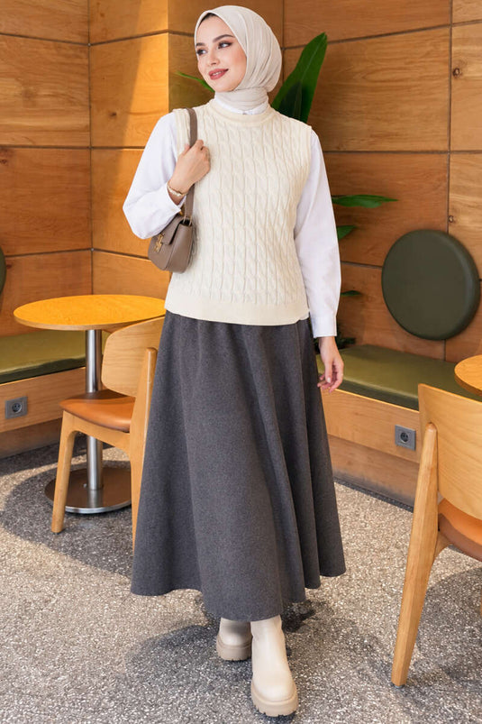 Ecru Brei Sweater Met Haar Gevlochten Detail