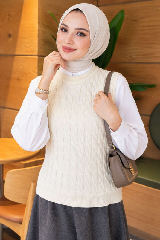Ecru Brei Sweater Met Haar Gevlochten Detail