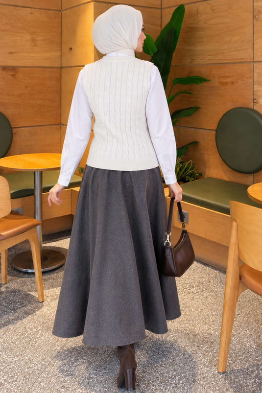 Ecru Brei Sweater Met Haar Gevlochten Detail