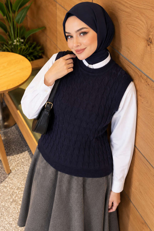 Donkerblauwe Brei Sweater Met Haar Vlecht Detail