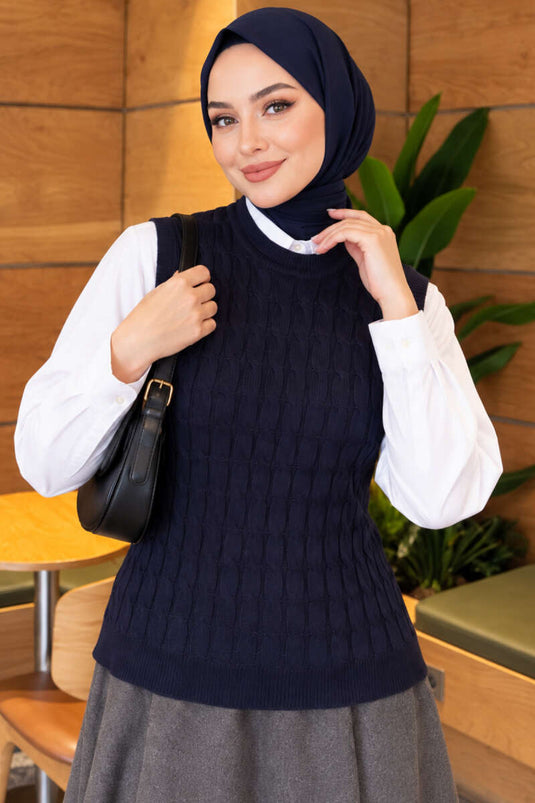 Donkerblauwe Brei Sweater Met Haar Vlecht Detail