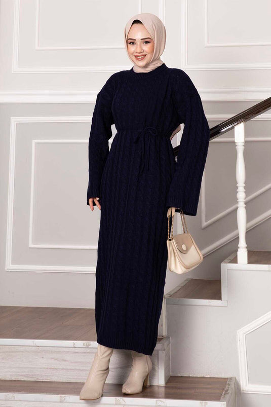 Knitted Dress with Hair Braid Detail, Navy Blue