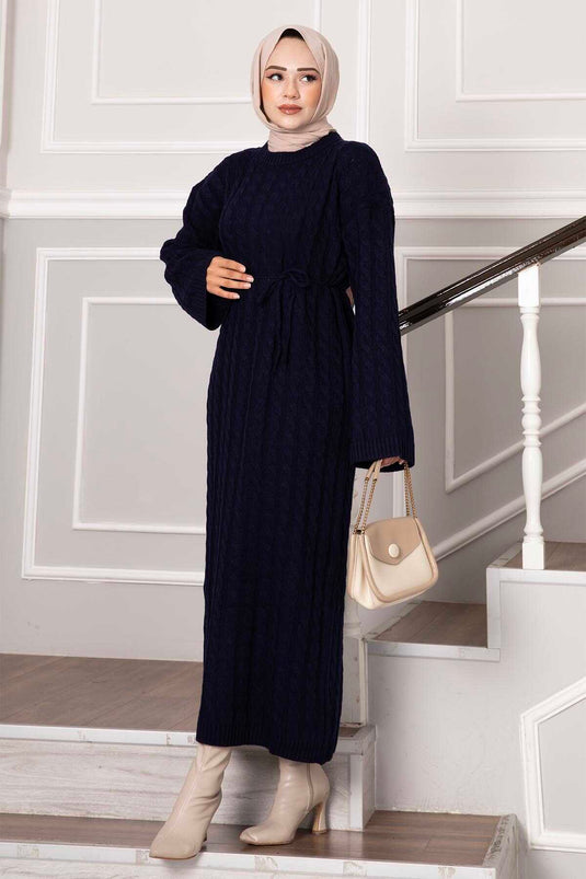Knitted Dress with Hair Braid Detail, Navy Blue