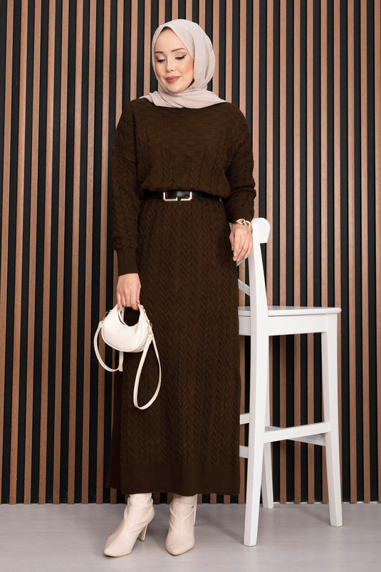 Saç Örgü Dokulu Triko Elbise Kahve