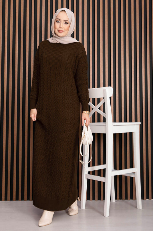 Saç Örgü Dokulu Triko Elbise Kahve
