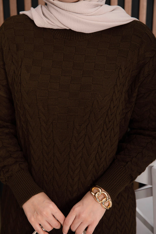 Saç Örgü Dokulu Triko Elbise Kahve