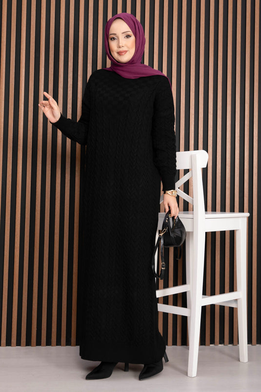 Saç Örgü Dokulu Triko Elbise Siyah