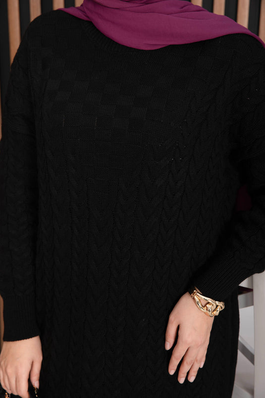 Saç Örgü Dokulu Triko Elbise Siyah