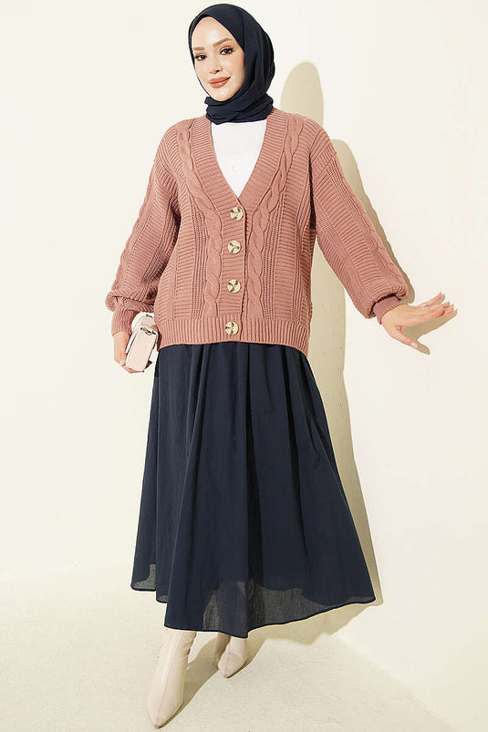Cardigan Corto In Maglia Rosa Con Bottoni