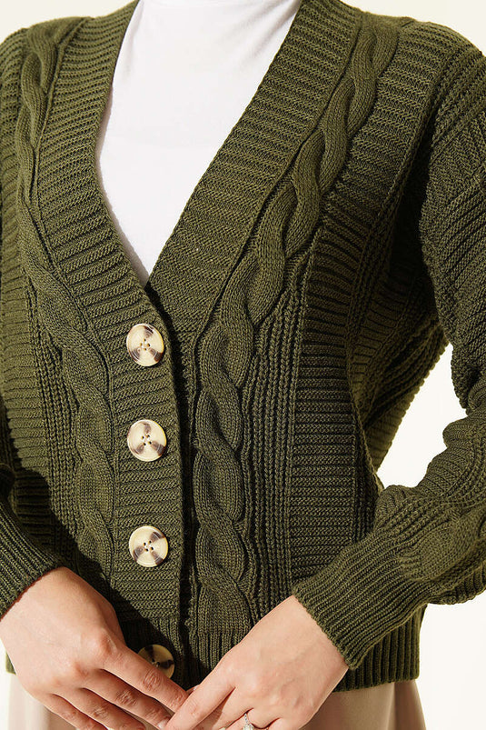 Haki Buttoned Knit Short Cardigan