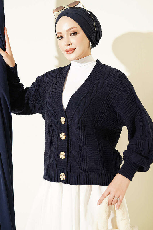 Navy Blue Buttoned Knit Short Cardigan
