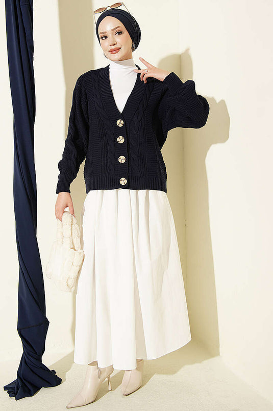 Navy Blue Buttoned Knit Short Cardigan