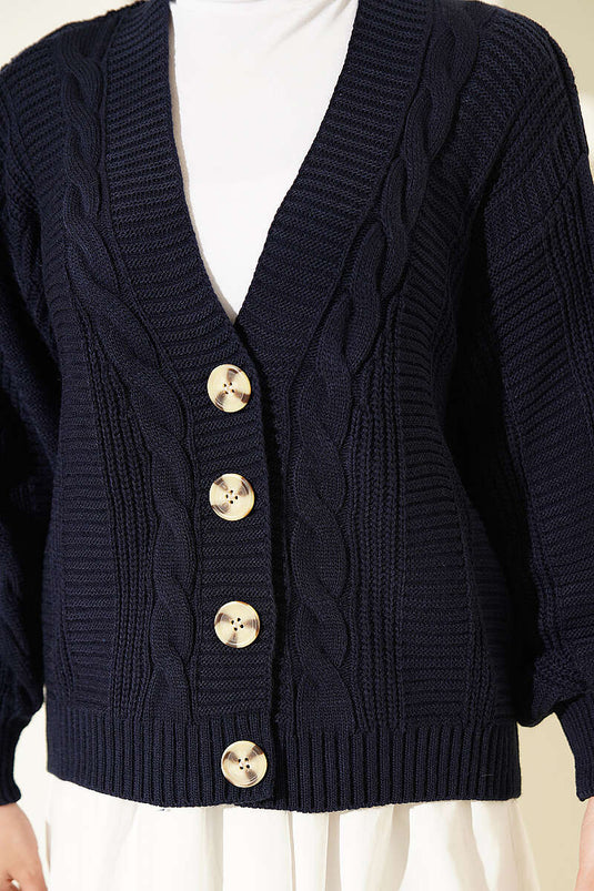 Navy Blue Buttoned Knit Short Cardigan