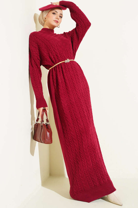 Saç Örgü Kabartmalı Triko Elbise Bordo