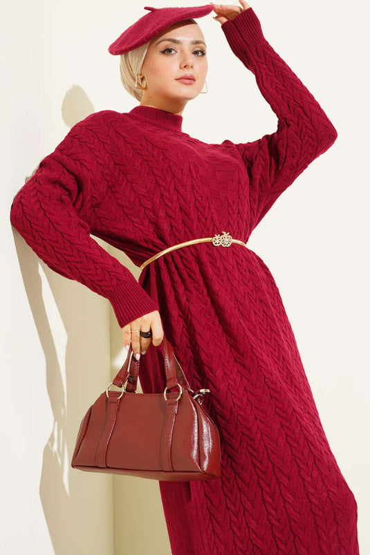 Saç Örgü Kabartmalı Triko Elbise Bordo