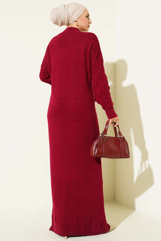 Saç Örgü Kabartmalı Triko Elbise Bordo