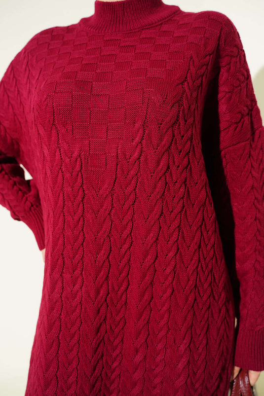 Saç Örgü Kabartmalı Triko Elbise Bordo