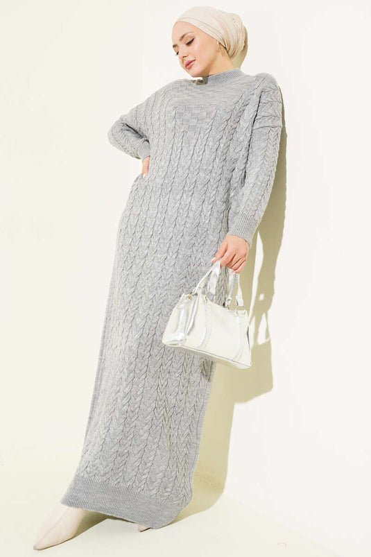 Saç Örgü Kabartmalı Triko Elbise Gri