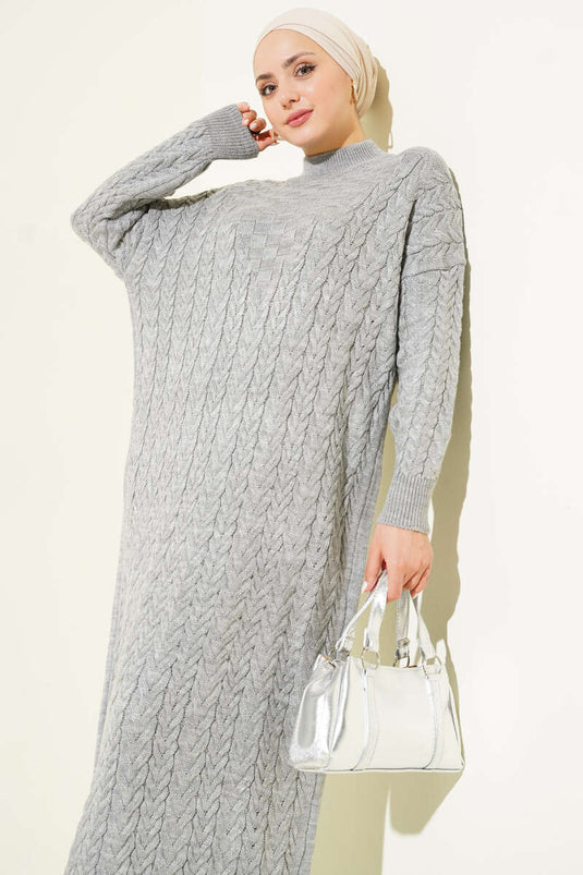 Saç Örgü Kabartmalı Triko Elbise Gri
