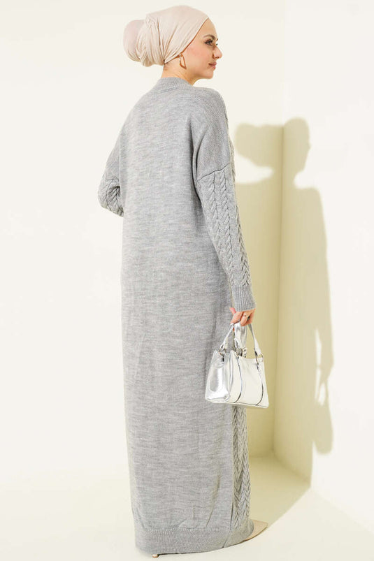 Saç Örgü Kabartmalı Triko Elbise Gri