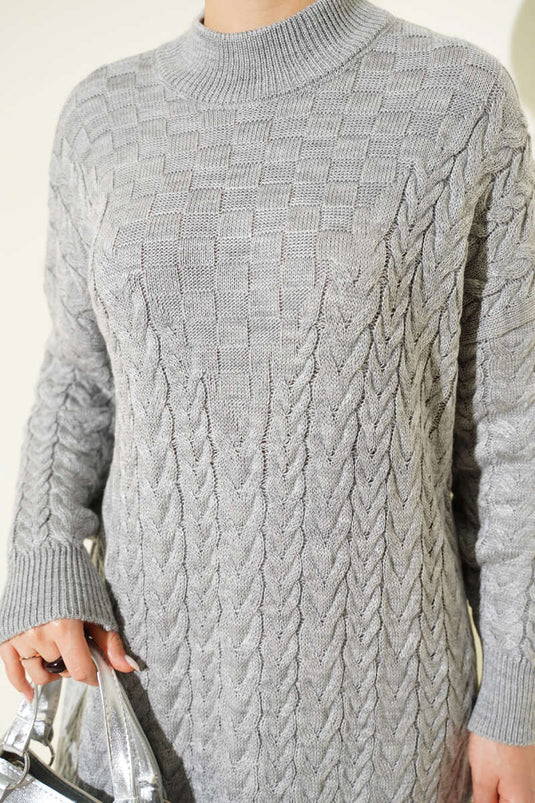 Saç Örgü Kabartmalı Triko Elbise Gri