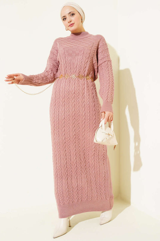 Robe en maille tressée à motif gaufré, rose