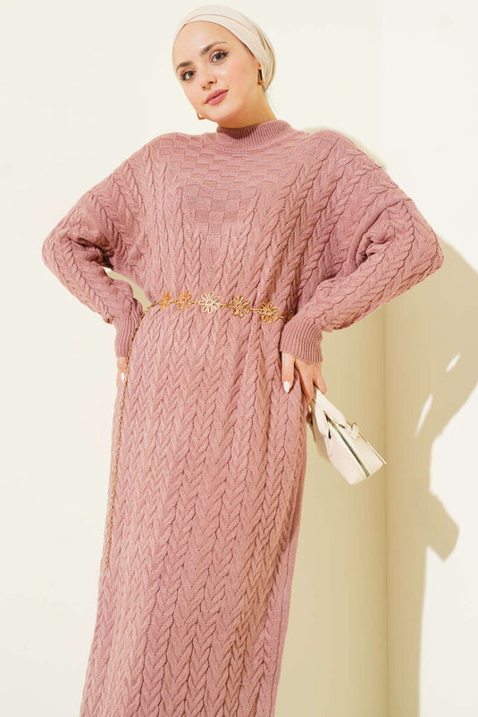 Robe en maille tressée à motif gaufré, rose