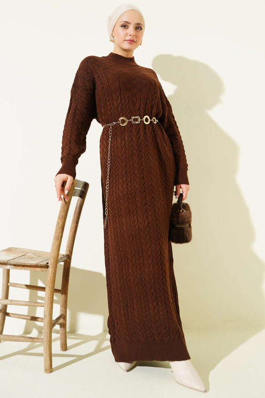 فستان محبوك منقوش ومضفر للشعر، لون بني فاتح