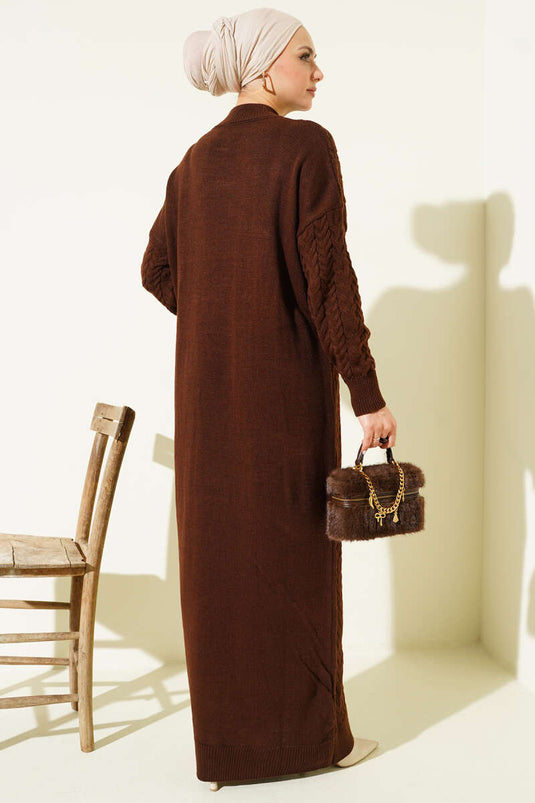 فستان محبوك منقوش ومضفر للشعر، لون بني فاتح