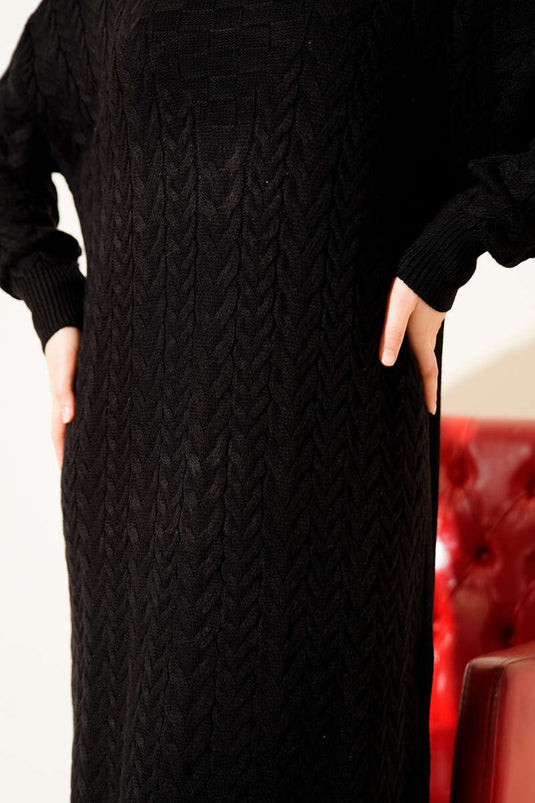 Hair Braided Embossed Knit Dress Black