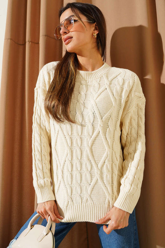 كنزة صوفية محبوكة بنقوش بارزة، بيج