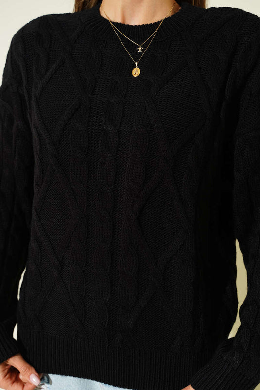 Saç Örgü Kabartmalı Triko Kazak Siyah