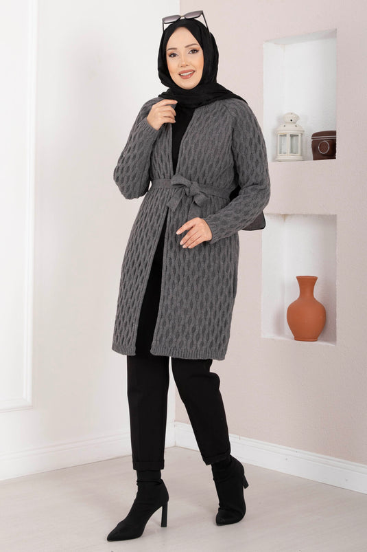 Saç Örgü Kuşaklı Triko Hırka Antrasit