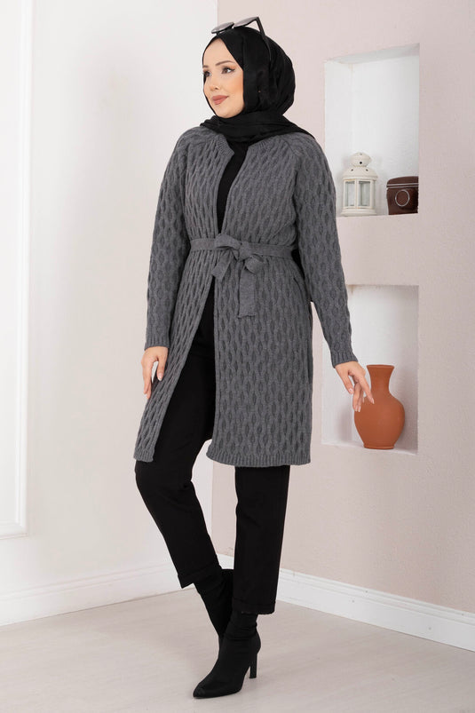 Saç Örgü Kuşaklı Triko Hırka Antrasit