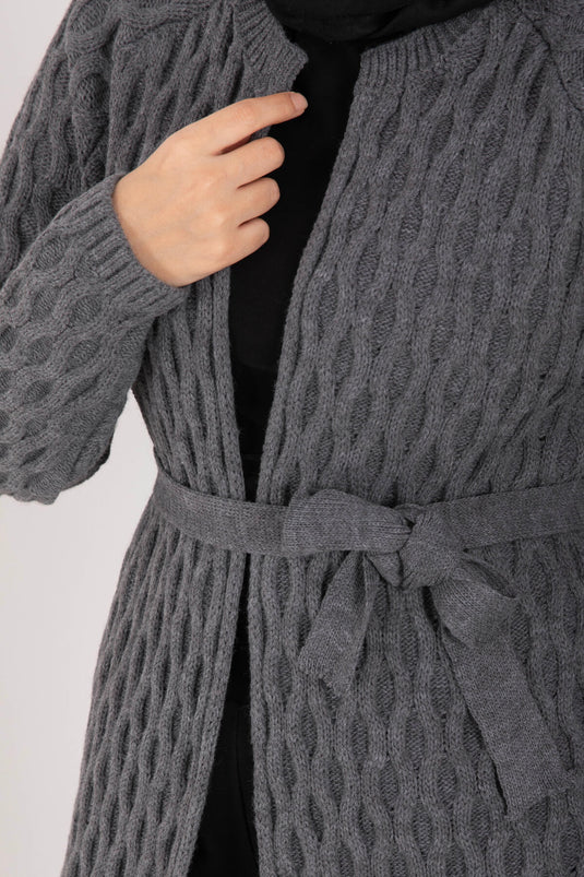 Saç Örgü Kuşaklı Triko Hırka Antrasit