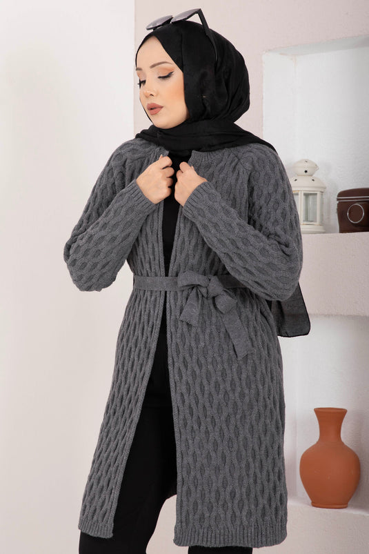 Saç Örgü Kuşaklı Triko Hırka Antrasit