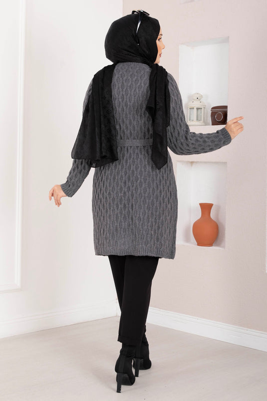 Saç Örgü Kuşaklı Triko Hırka Antrasit