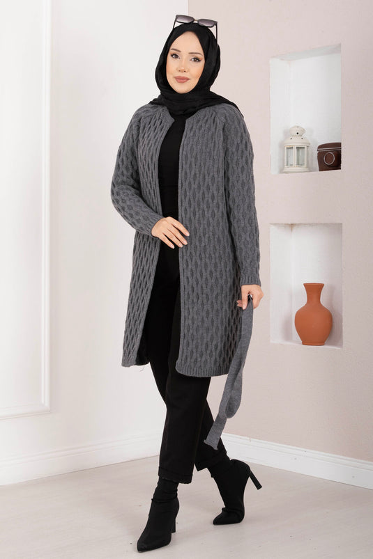 Saç Örgü Kuşaklı Triko Hırka Antrasit