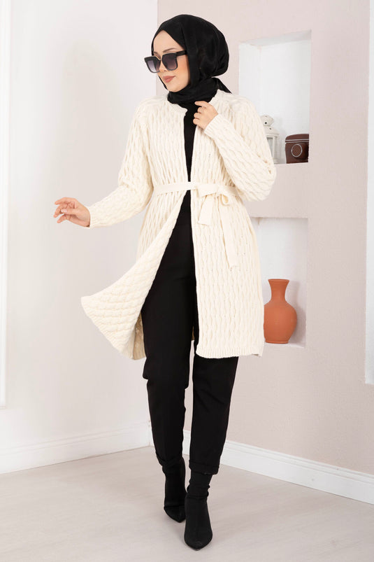 Saç Örgü Kuşaklı Triko Hırka Ekru