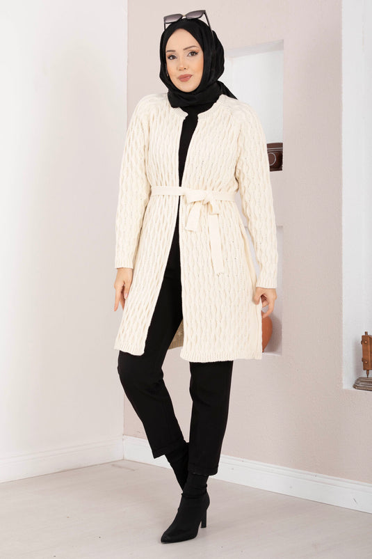 Saç Örgü Kuşaklı Triko Hırka Ekru