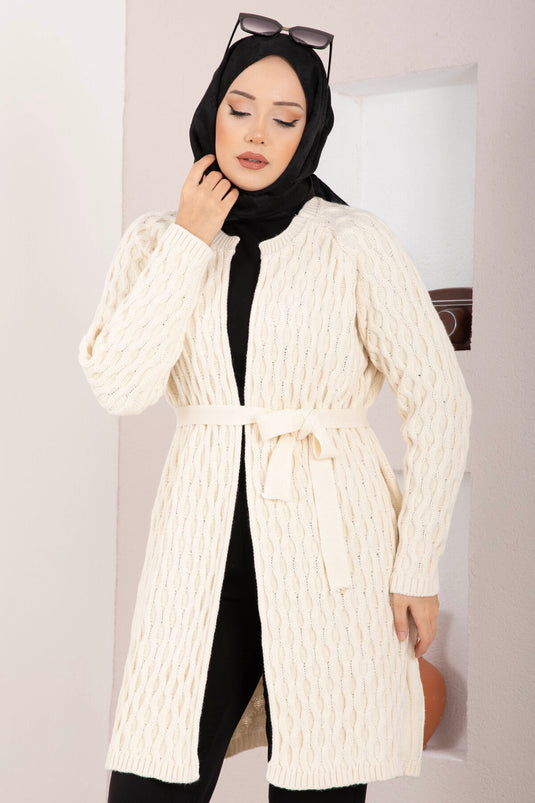 Saç Örgü Kuşaklı Triko Hırka Ekru