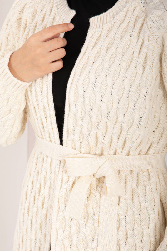 Saç Örgü Kuşaklı Triko Hırka Ekru