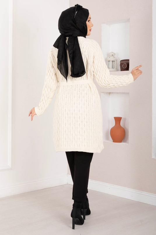 Saç Örgü Kuşaklı Triko Hırka Ekru