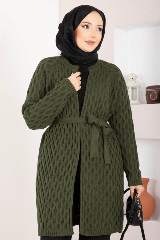 Cardigan in maglia intrecciata con cintura, cachi