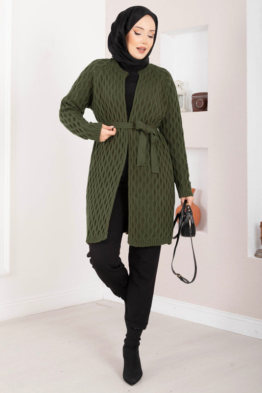 Cardigan in maglia intrecciata con cintura, cachi