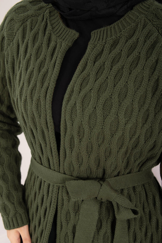 Cardigan in maglia intrecciata con cintura, cachi