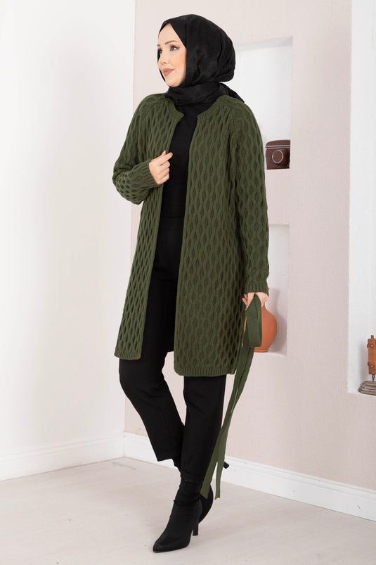 Cardigan in maglia intrecciata con cintura, cachi