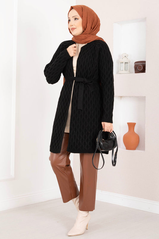 Saç Örgü Kuşaklı Triko Hırka Siyah