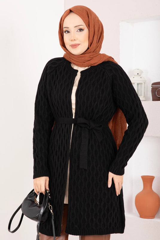 Saç Örgü Kuşaklı Triko Hırka Siyah