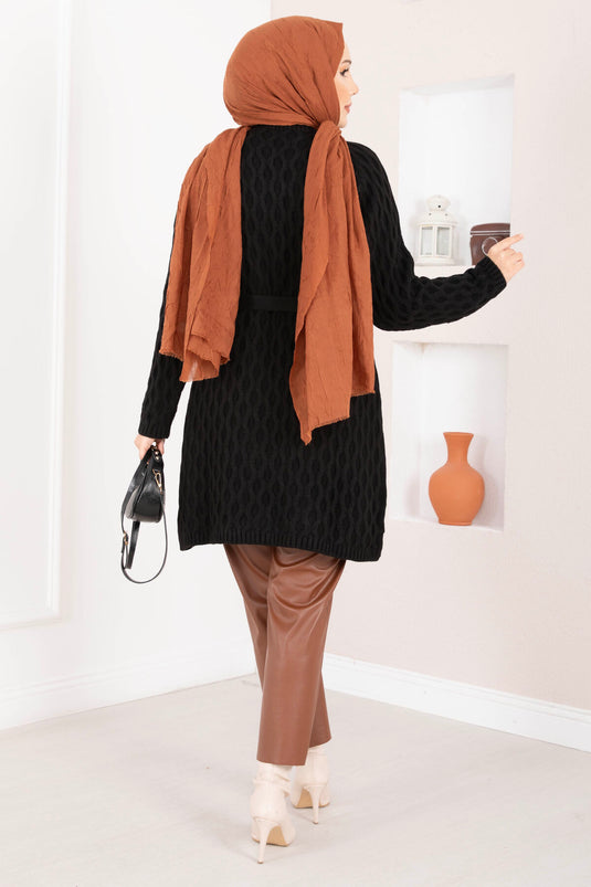 Saç Örgü Kuşaklı Triko Hırka Siyah